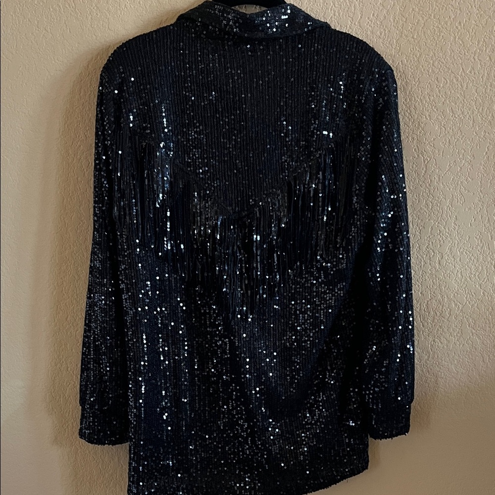Black Sequin Button Down Black Western Fringe Shirt Size S - Picture 5 of 8